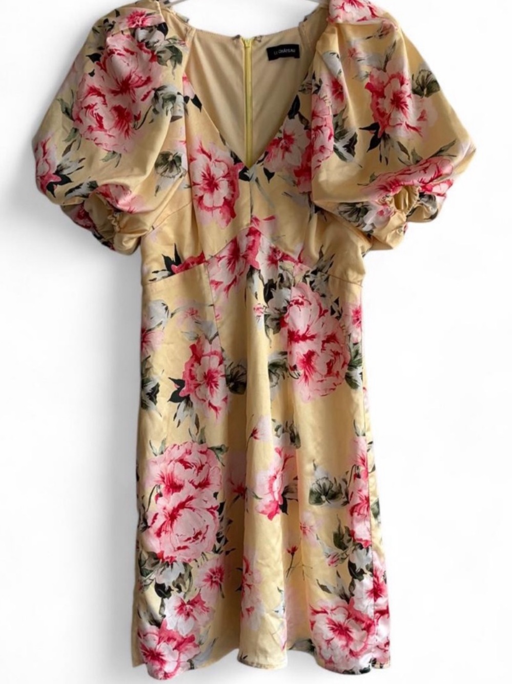 LE CHATEAU Floral Butter Yellow Balloon Sleeve Puff V Neck Lined Dress - SMALL